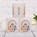 Personalised Little Minds teacher mug product shot on white surface showing Mrs Jones name with rainbow and stars design