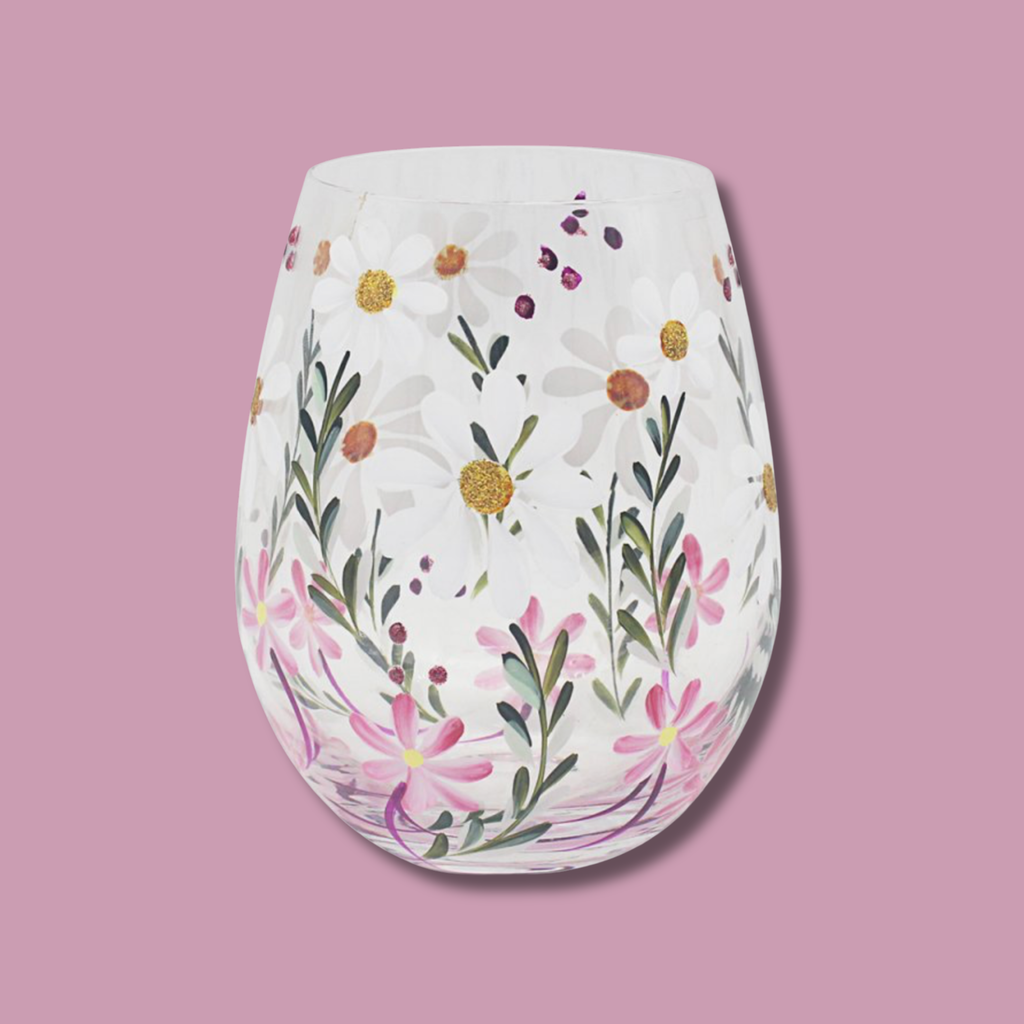 Hand Painted Daisies Stemless Glass
