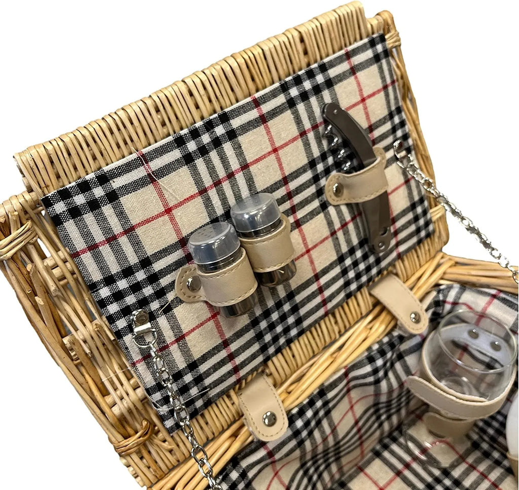 Two Person Wicker Picnic Basket With Natural Check Lining