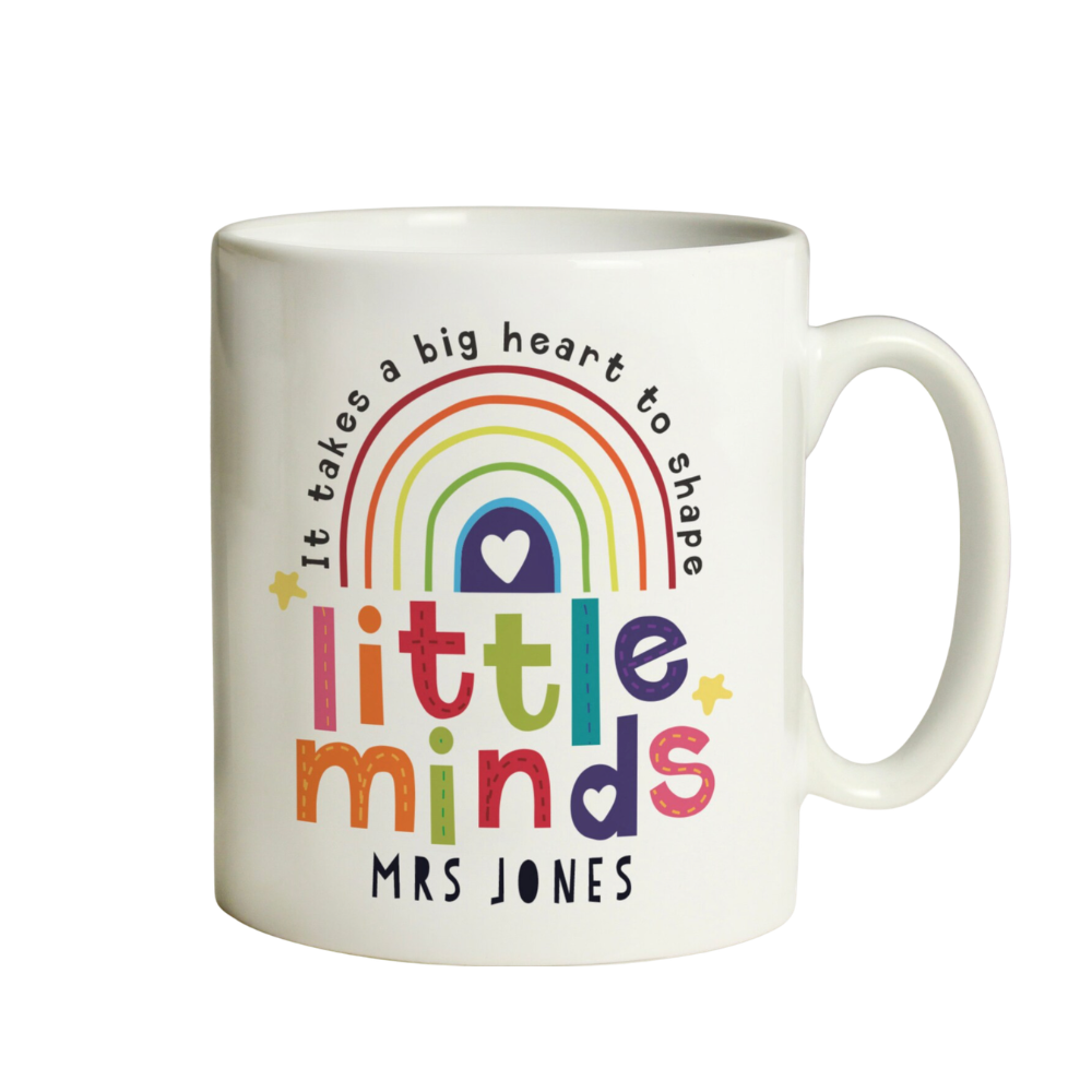 Personalised Little Minds teacher mug held in two hands showing Miss Jackson name on front with rainbow design