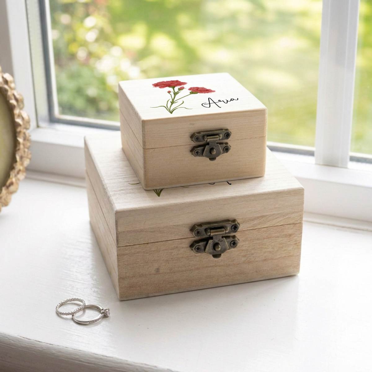 Personalised Birth Flower Wooden Jewellery Box
