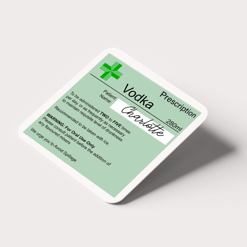 Prescription label for vodka on a white background