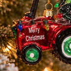 Red Tractor With Christmas Tree Glass Bauble