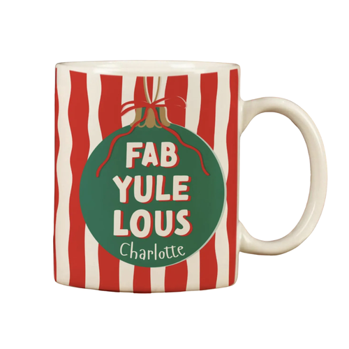 Mug with red and white striped pattern and green ornament graphic with text 'FAB YULE LOUS Charlotte'.