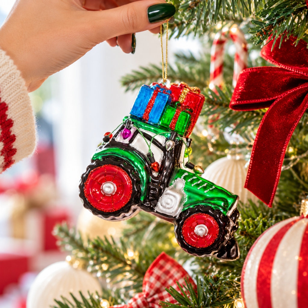 Festive Green Tractor with Presents Christmas Bauble