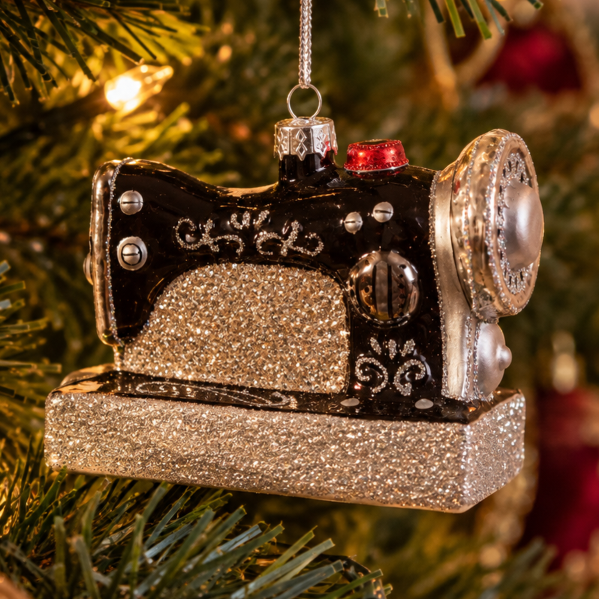 Sparkly Retro Sewing Machine Glass Christmas Bauble