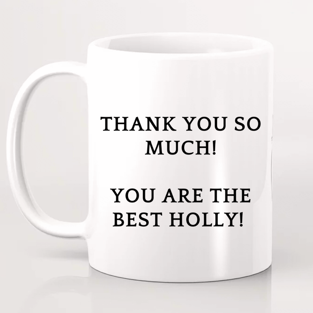 White mug with black text message on a white background