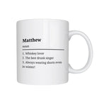 White mug with black text defining 'Matthew' on a white background