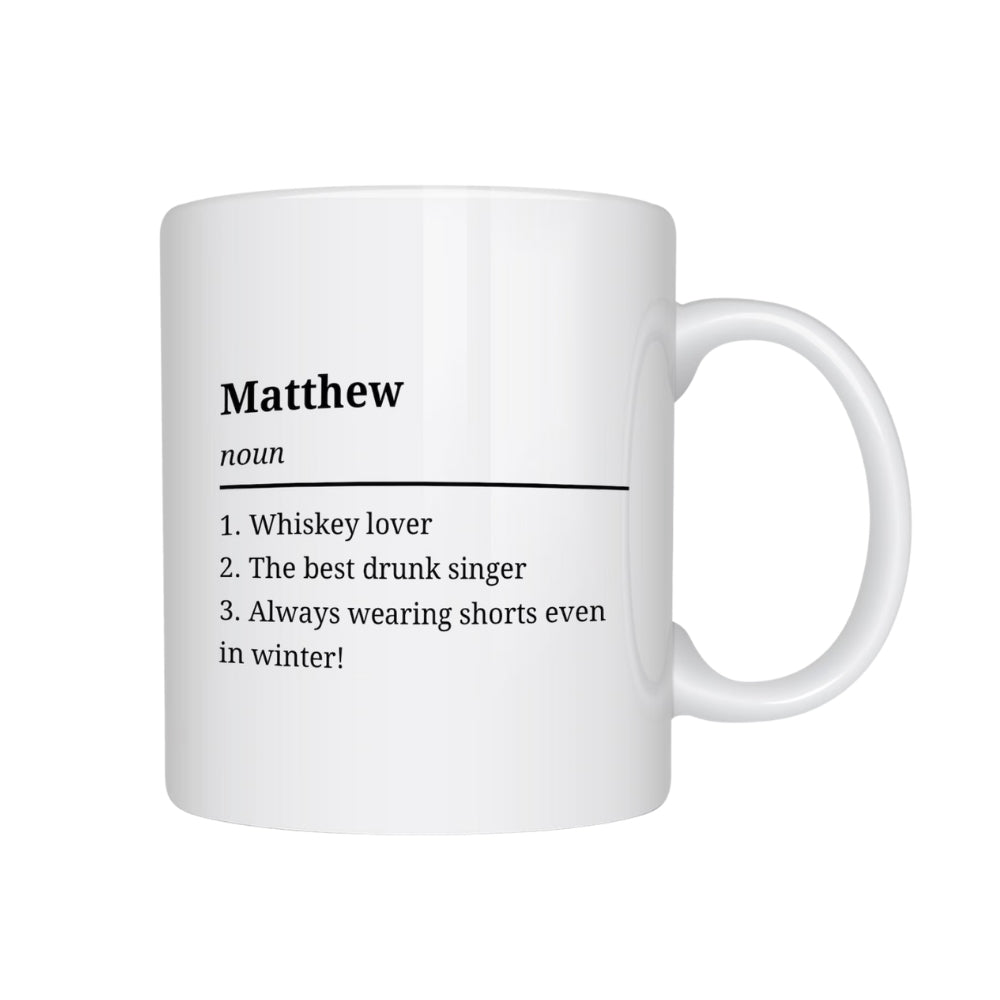 White mug with black text defining 'Matthew' on a white background