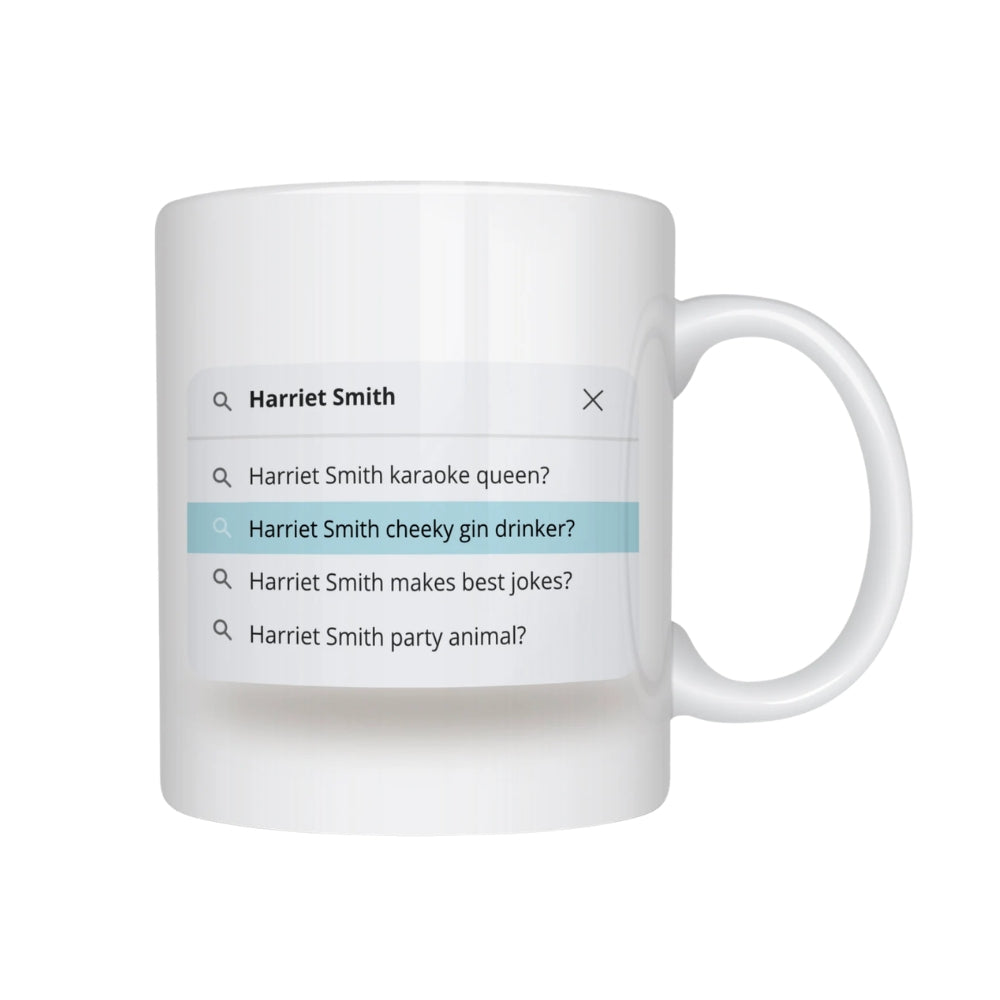 White mug with text search interface displaying 'Harriet Smith' and humorous suggestions.