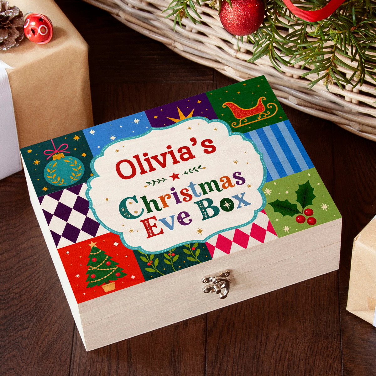 Personalised Festive Patchwork Christmas Eve Box