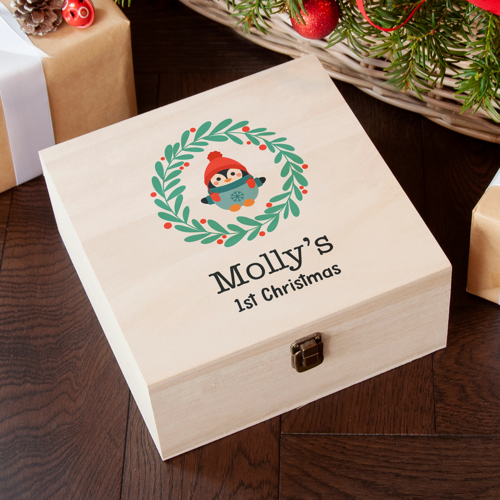 Personalised Penguin Wreath Baby's First Christmas Eve Box