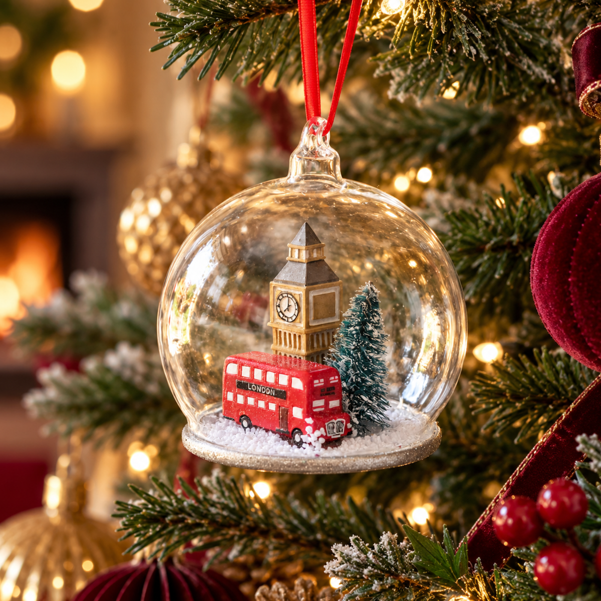 Personalised London Scene Glass Dome Christmas Bauble