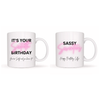 Two white mugs with personalized text on a white background