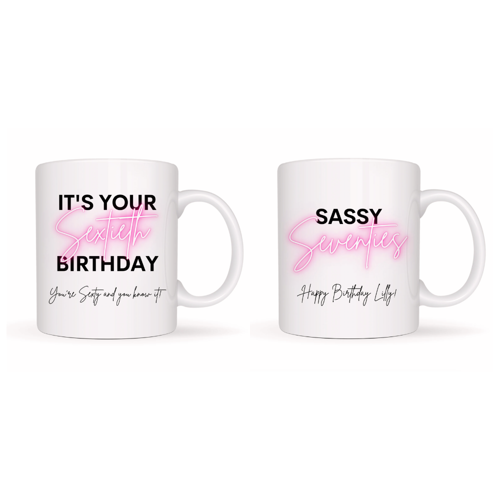 Two white mugs with personalized text on a white background