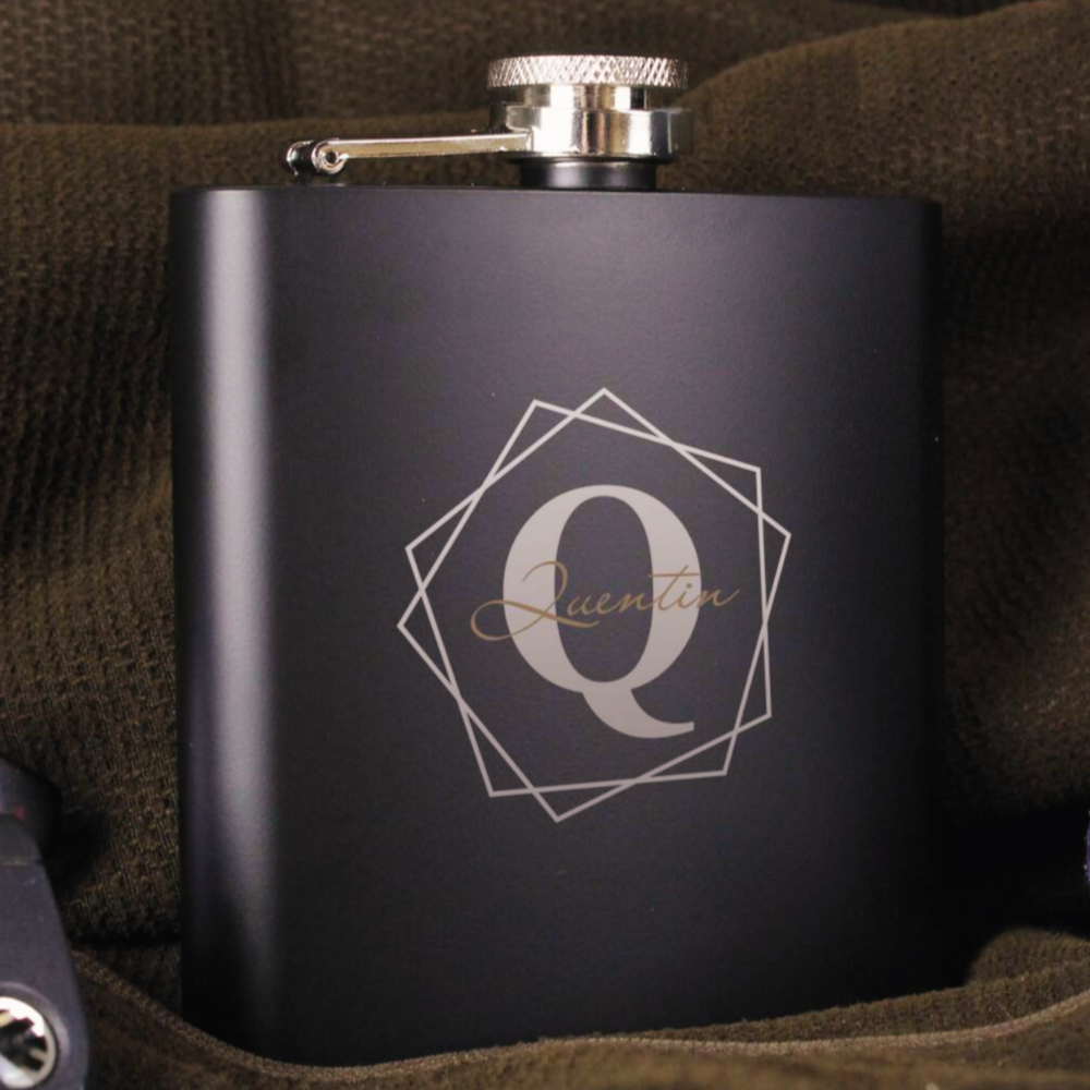 Personalised Geometric Initial Black Hip Flask