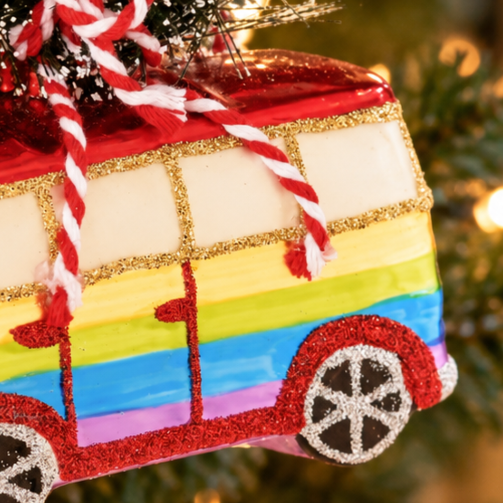 Rainbow Camper Van Glass Christmas Bauble