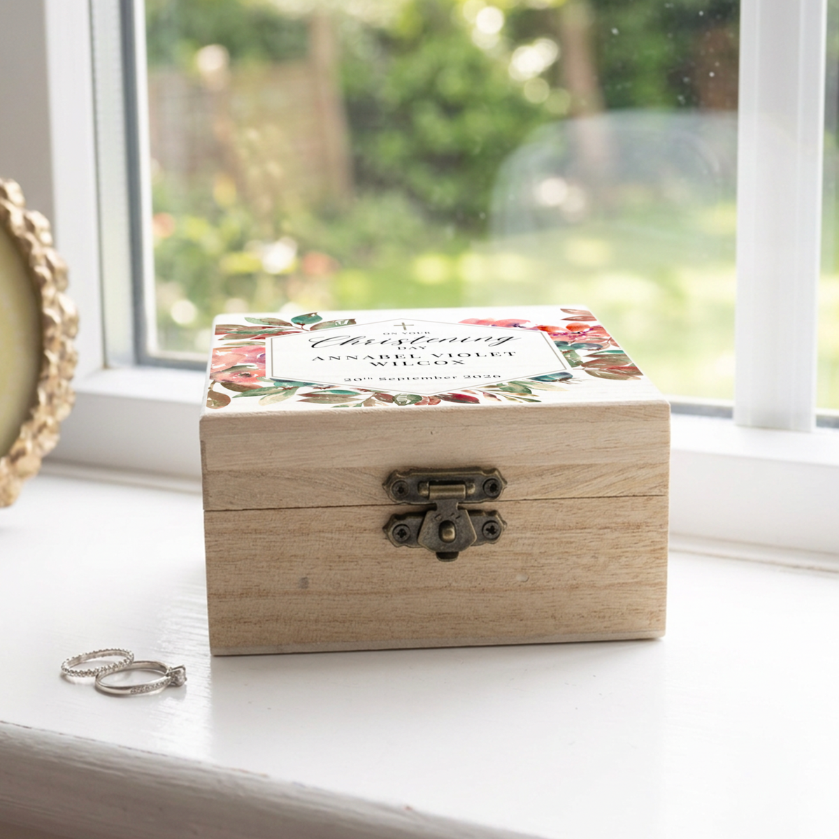 Personalised Floral Christening Keepsake Wooden Jewellery Box