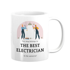 White mug with illustration of electricians and text 'This mug belongs to THE BEST ELECTRICIAN in the universe!' on a white background.