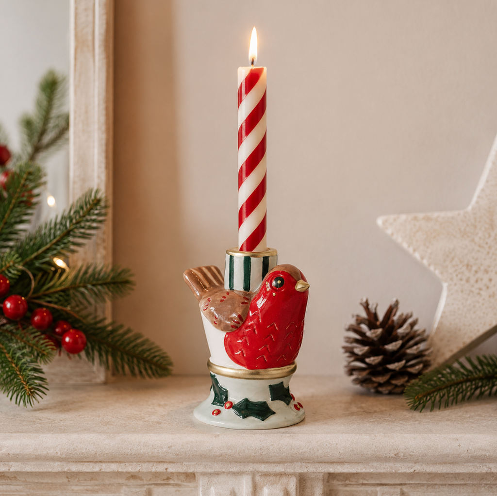 Hand Painted Robin Christmas Candle Holder