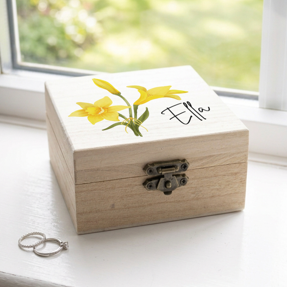 Personalised Birth Flower Wooden Jewellery Box