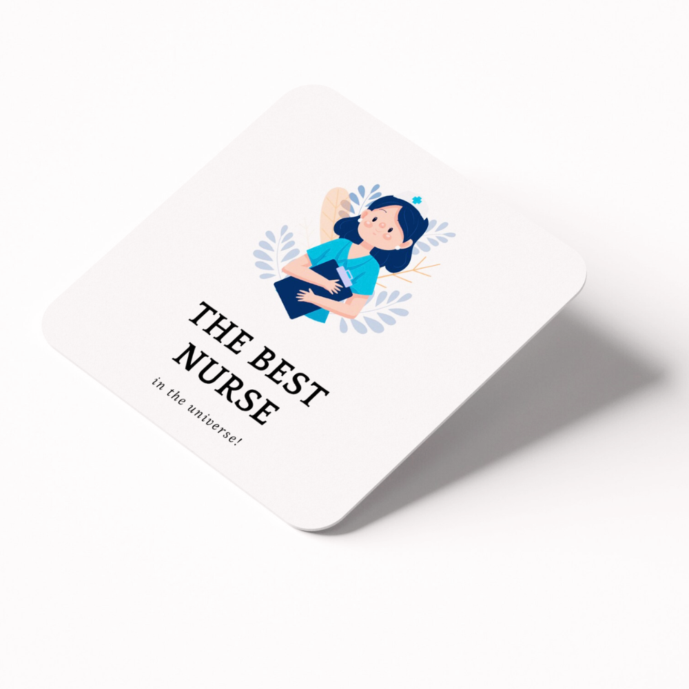 Card with illustration of a nurse and text 'The Best Nurse in the Universe' on a white background