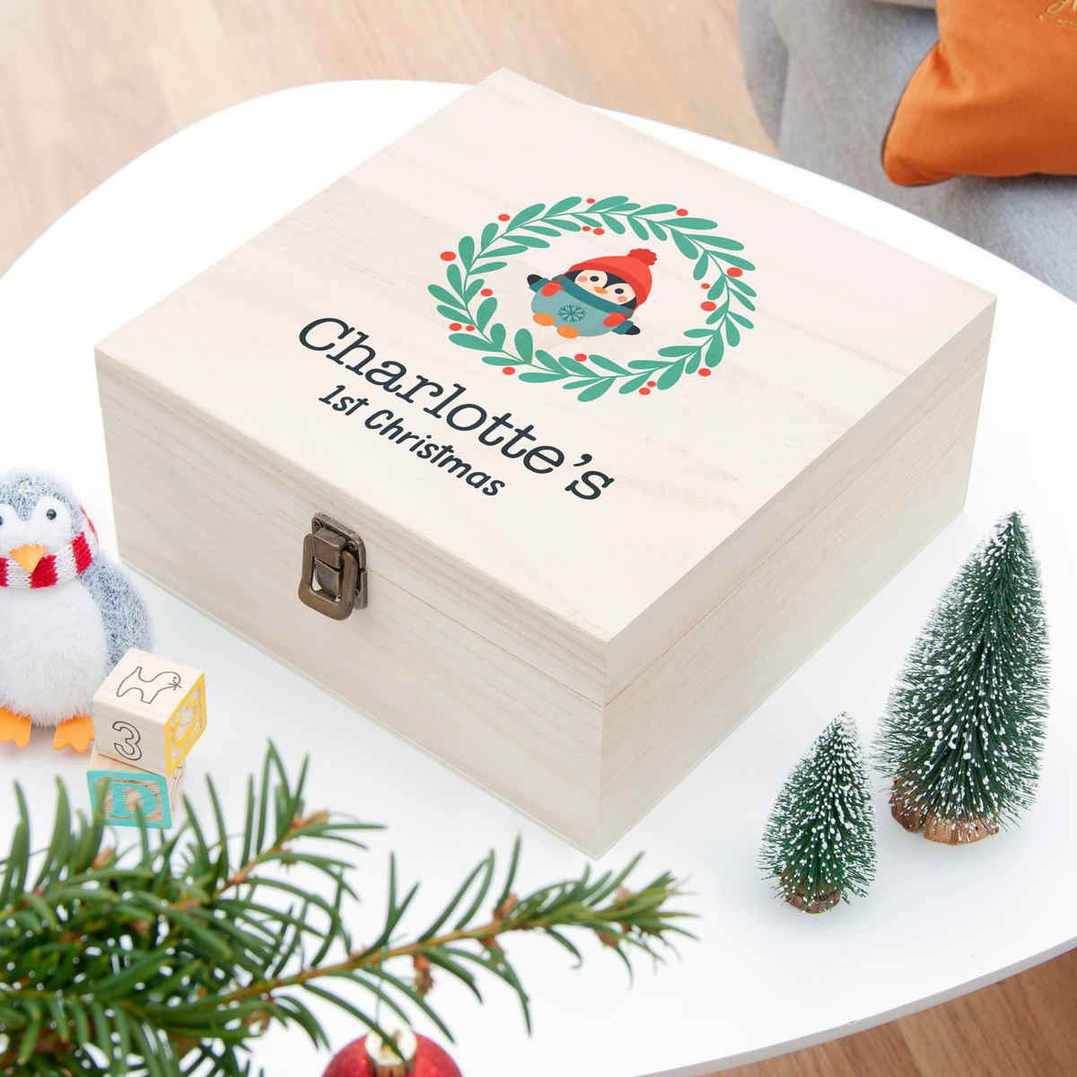 Personalised Penguin Wreath Baby's First Christmas Eve Box