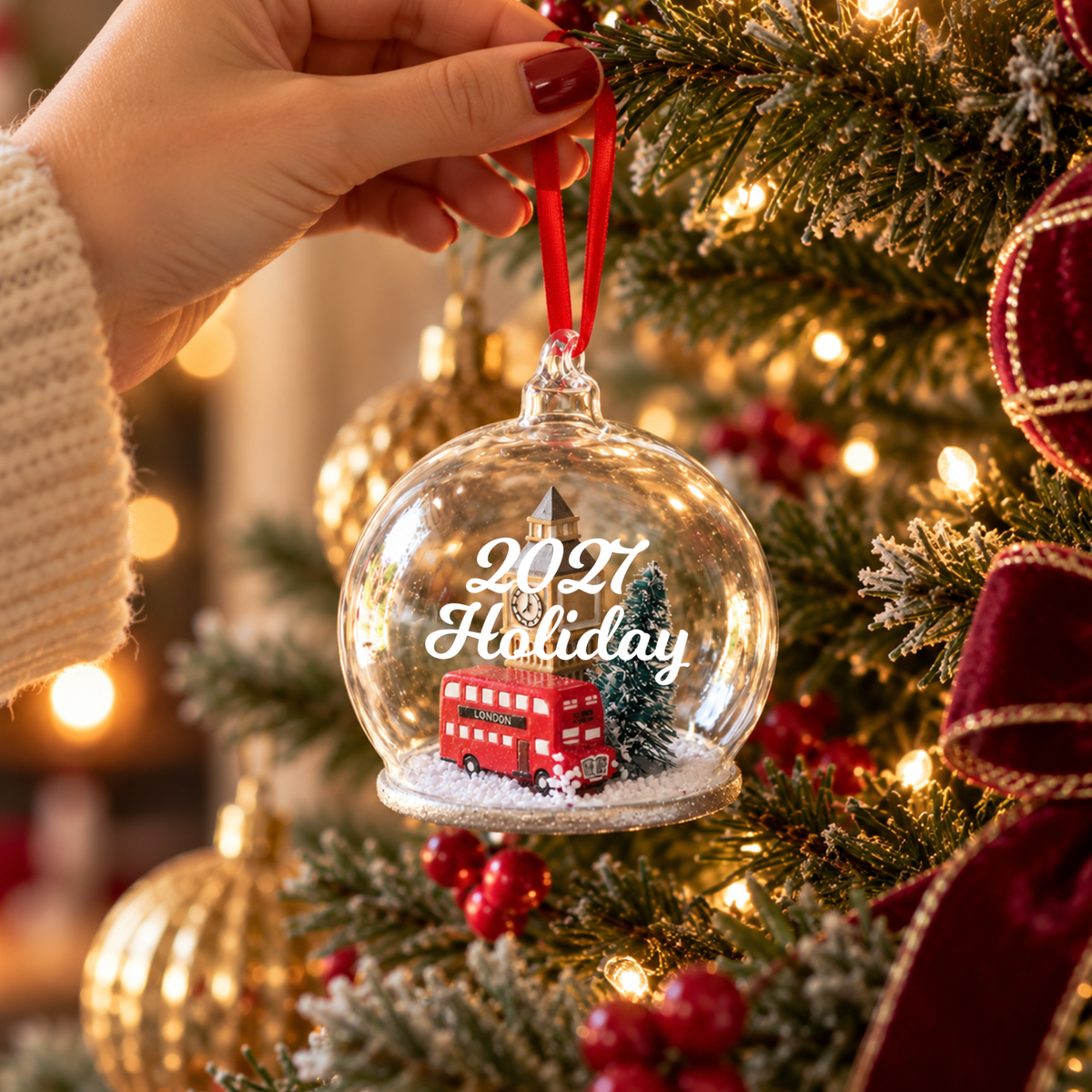 Personalised London Scene Glass Dome Christmas Bauble