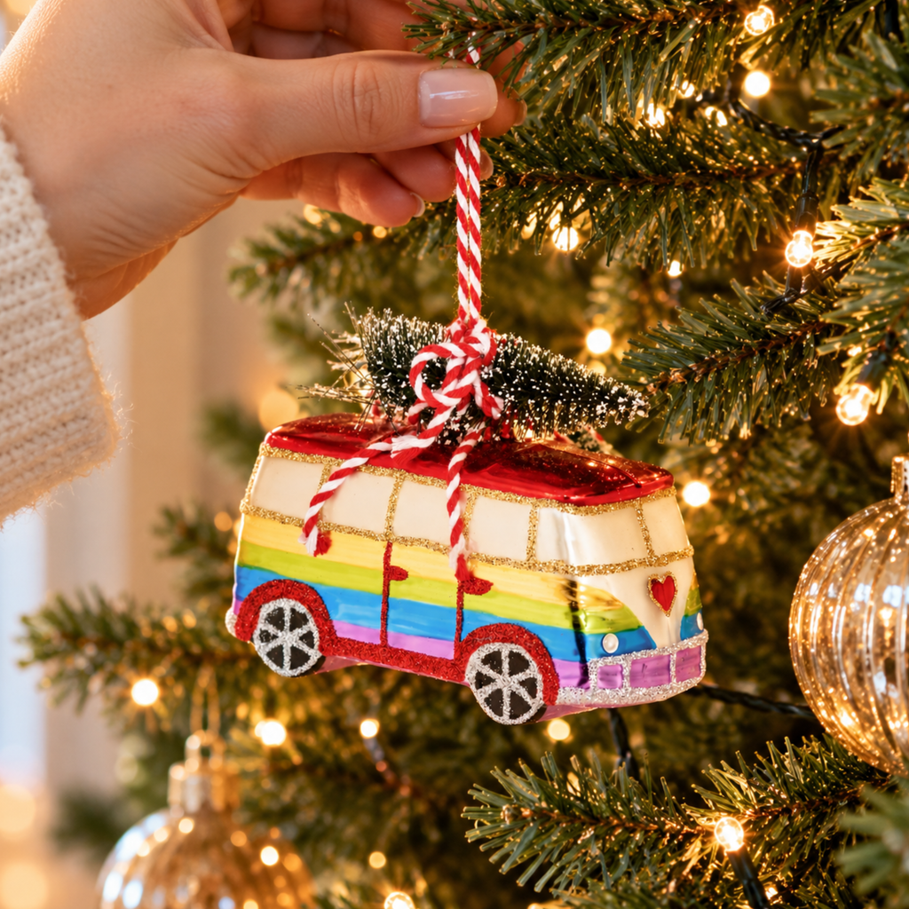 Rainbow Camper Van Glass Christmas Bauble