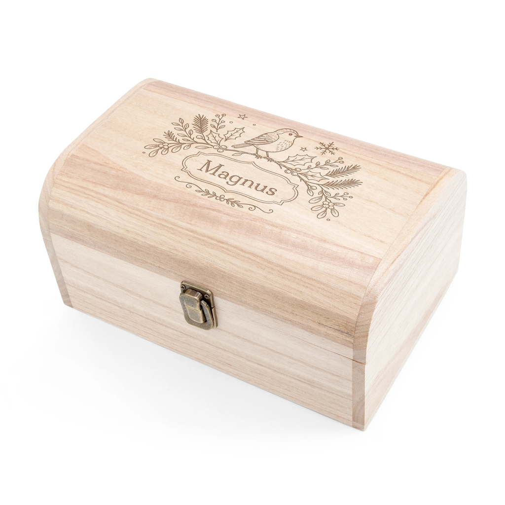 Personalised Robin Botanical Christmas Keepsake Chest