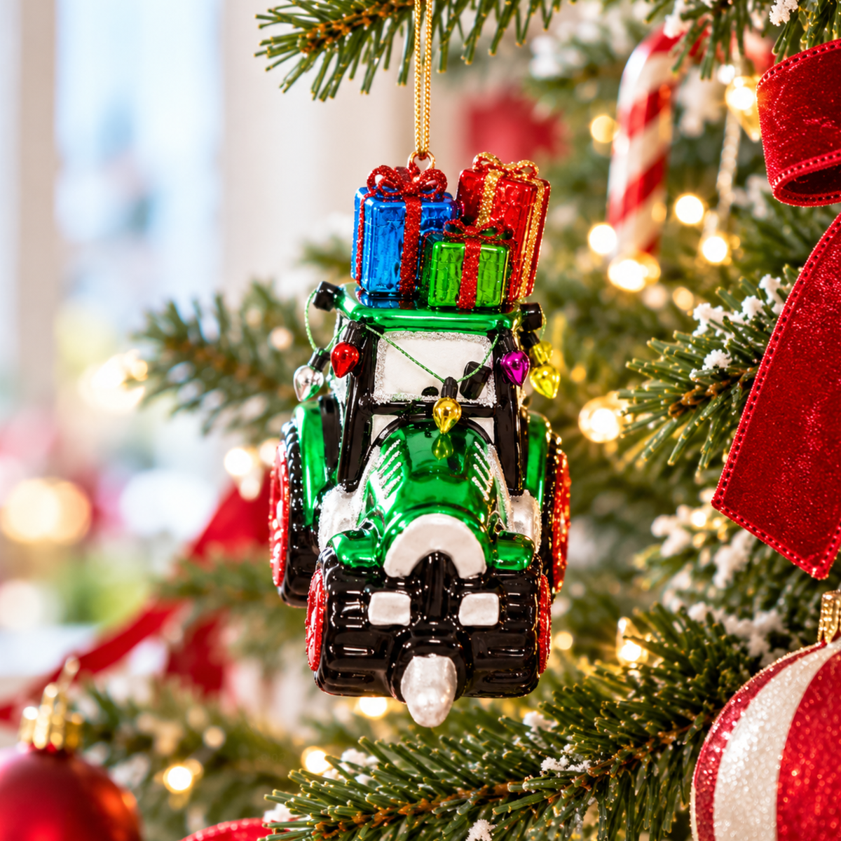 Festive Green Tractor with Presents Christmas Bauble
