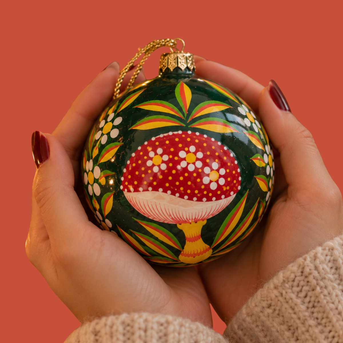 Hand Painted Mushroom Papier-Mâché Christmas Bauble
