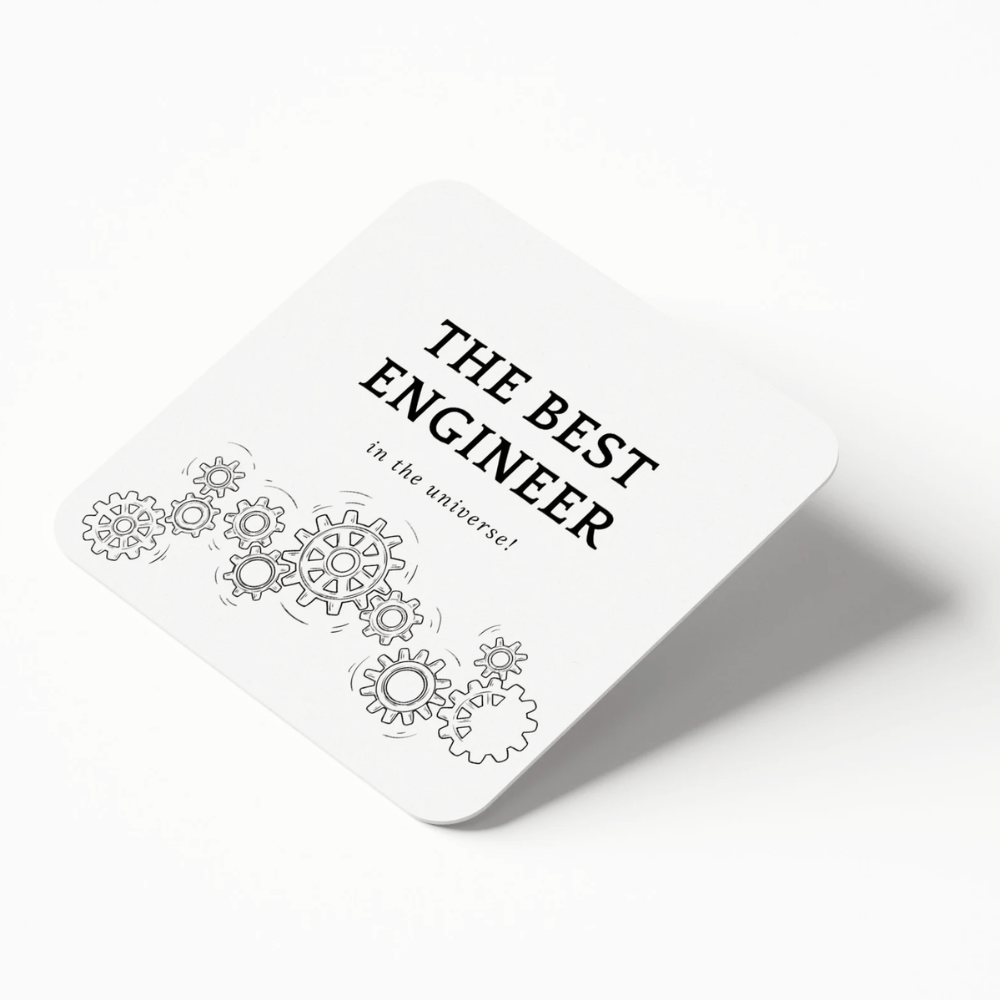 Coaster with text 'The Best Engineer in the Universe!' and gear illustrations on a white background