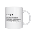 White mug with Scorpio definition text on a white background