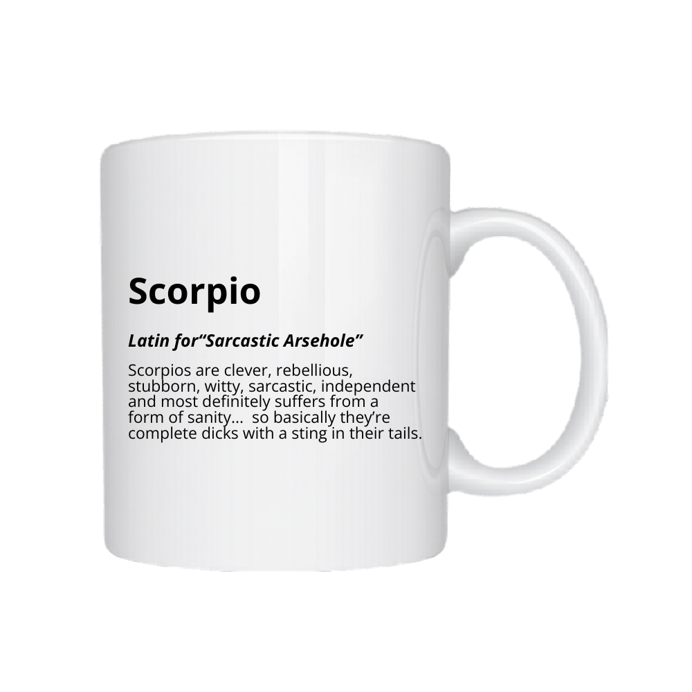White mug with Scorpio definition text on a white background