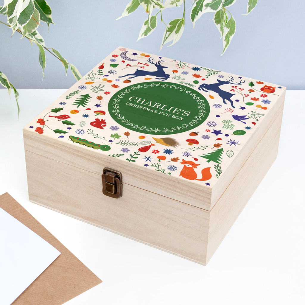 Personalised Festive Woodland Green Christmas Eve Box