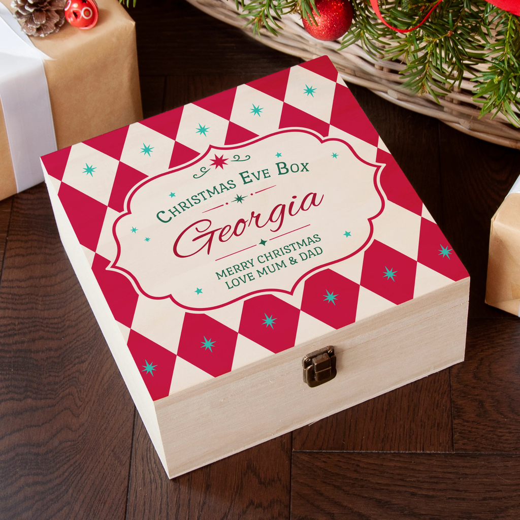 Personalised Harlequin Diamond Pattern Christmas Eve Box