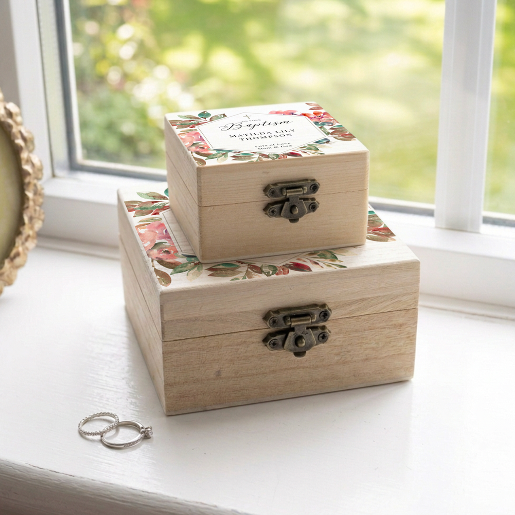 Personalised Floral Christening Keepsake Wooden Jewellery Box