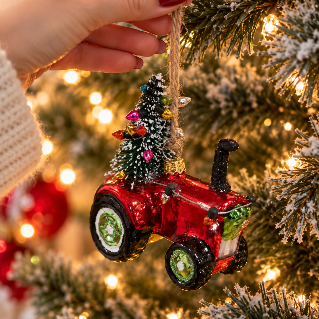 Red Tractor With Christmas Tree Glass Bauble