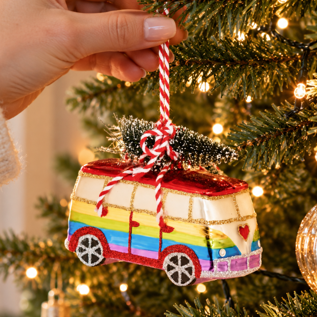 Rainbow Camper Van Glass Christmas Bauble