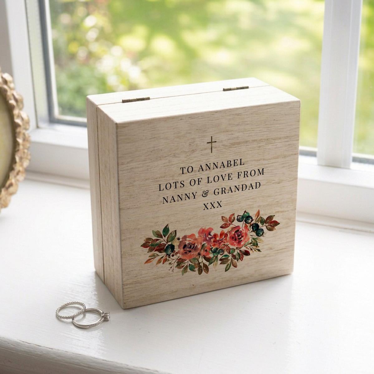 Personalised Floral Christening Keepsake Wooden Jewellery Box