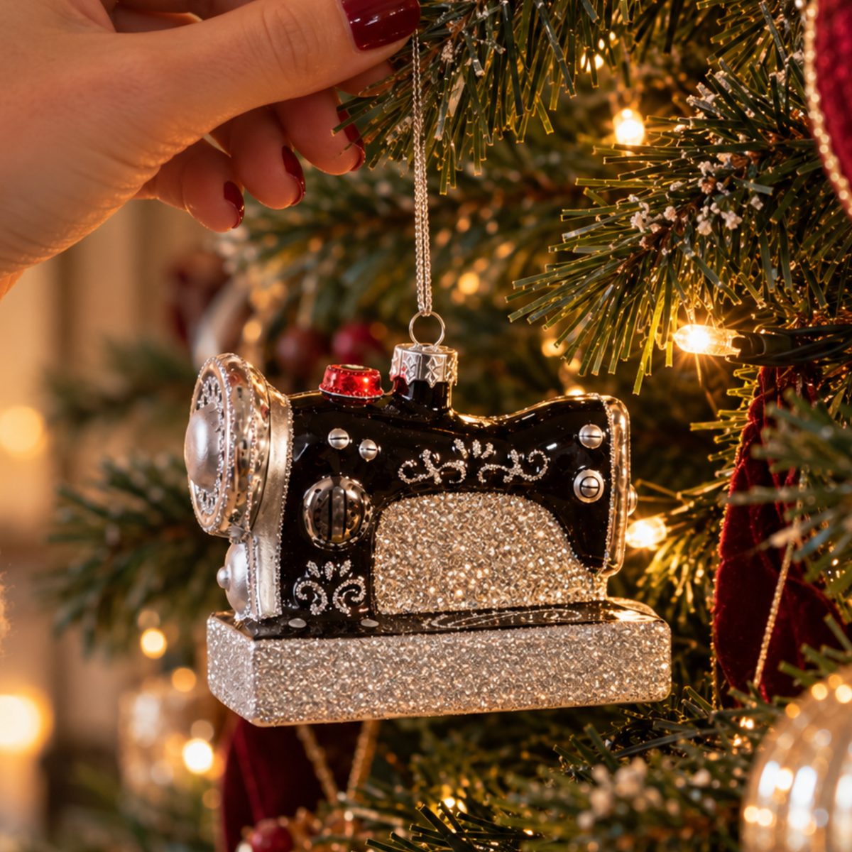 Sparkly Retro Sewing Machine Glass Christmas Bauble