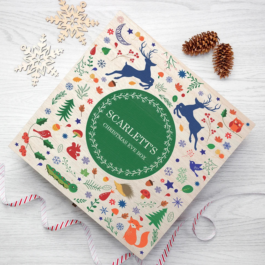 Personalised Festive Woodland Green Christmas Eve Box