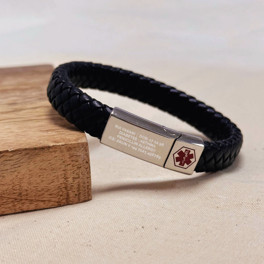 Personalised Men's Woven Leather Medical Bracelet