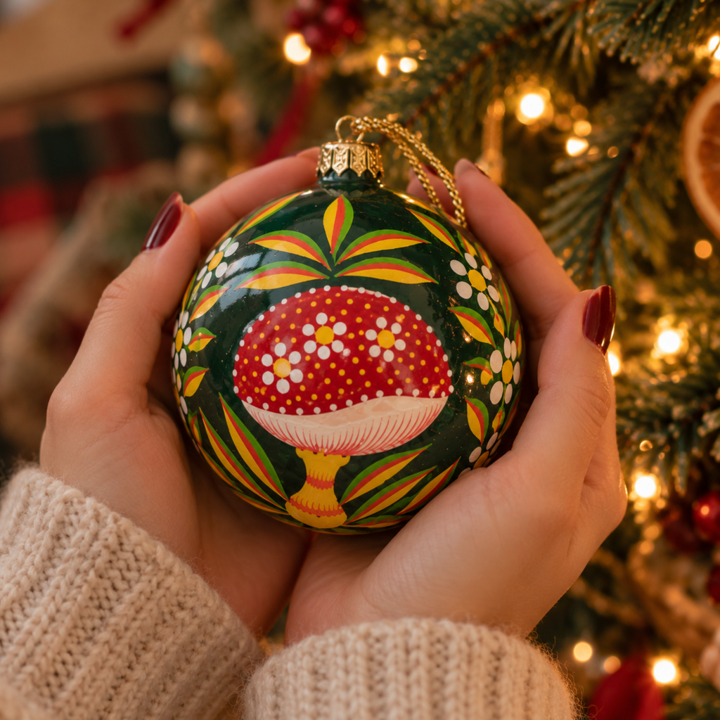 Hand Painted Mushroom Papier-Mâché Christmas Bauble