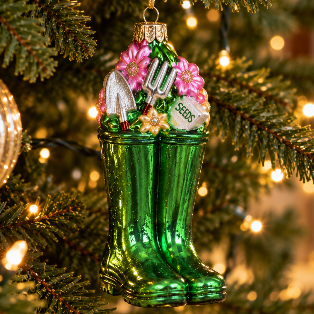 Green Wellington Boots Glass Christmas Bauble
