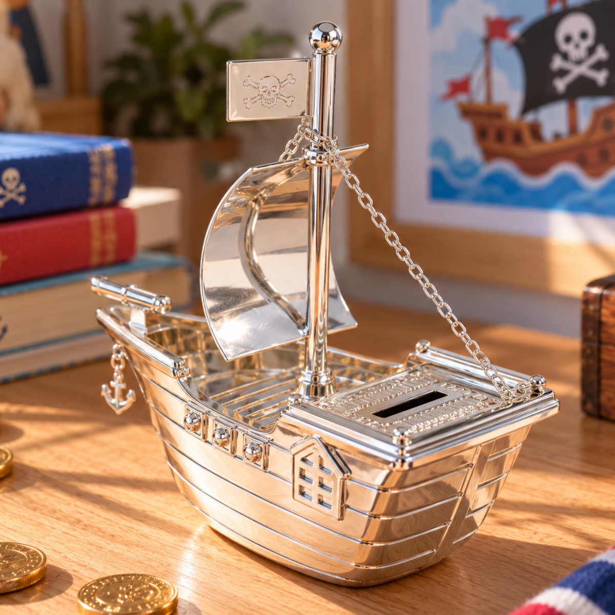 Silver Plated Pirate Ship Money Box