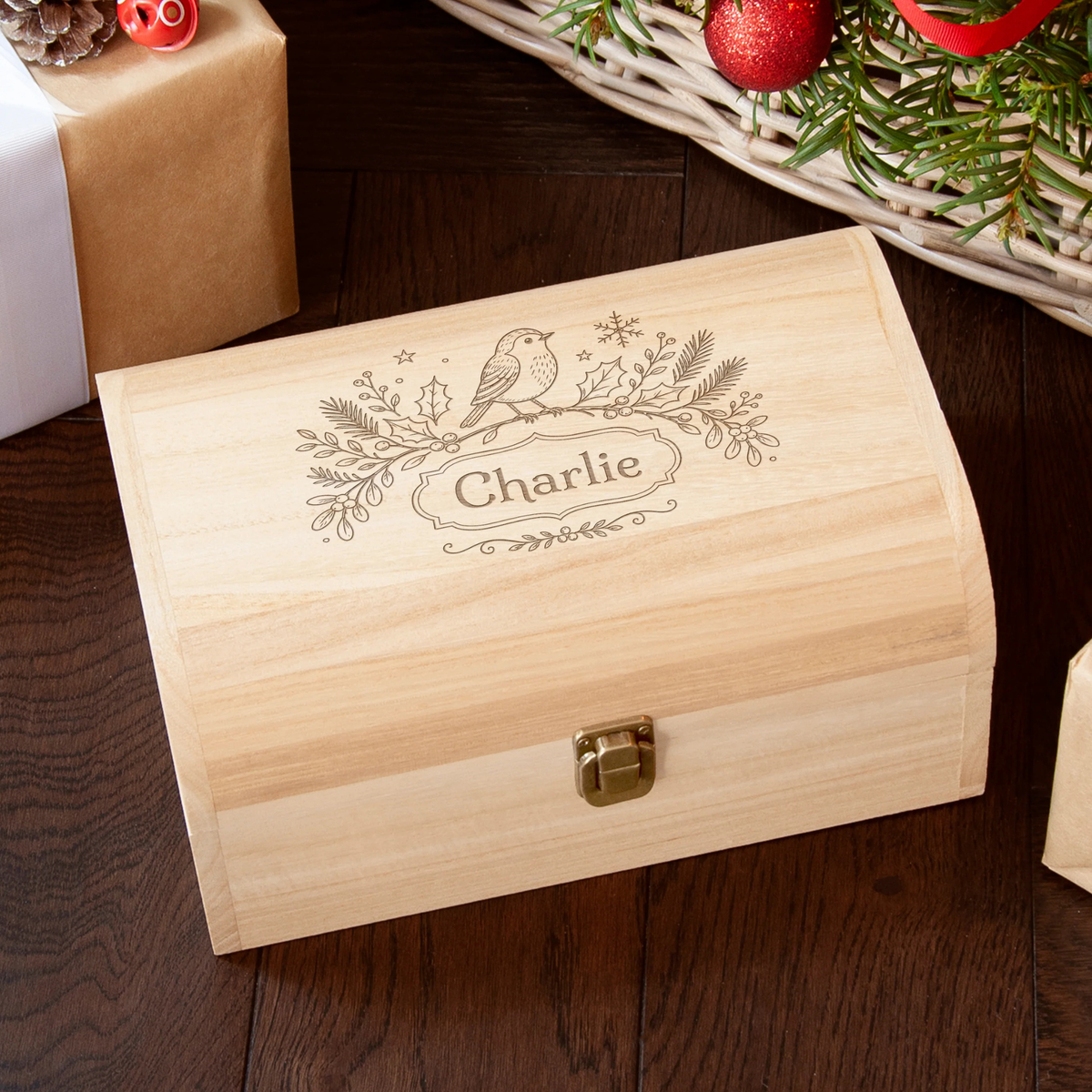 Personalised Robin Botanical Christmas Keepsake Chest
