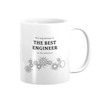 White mug with text and gear designs on a white background