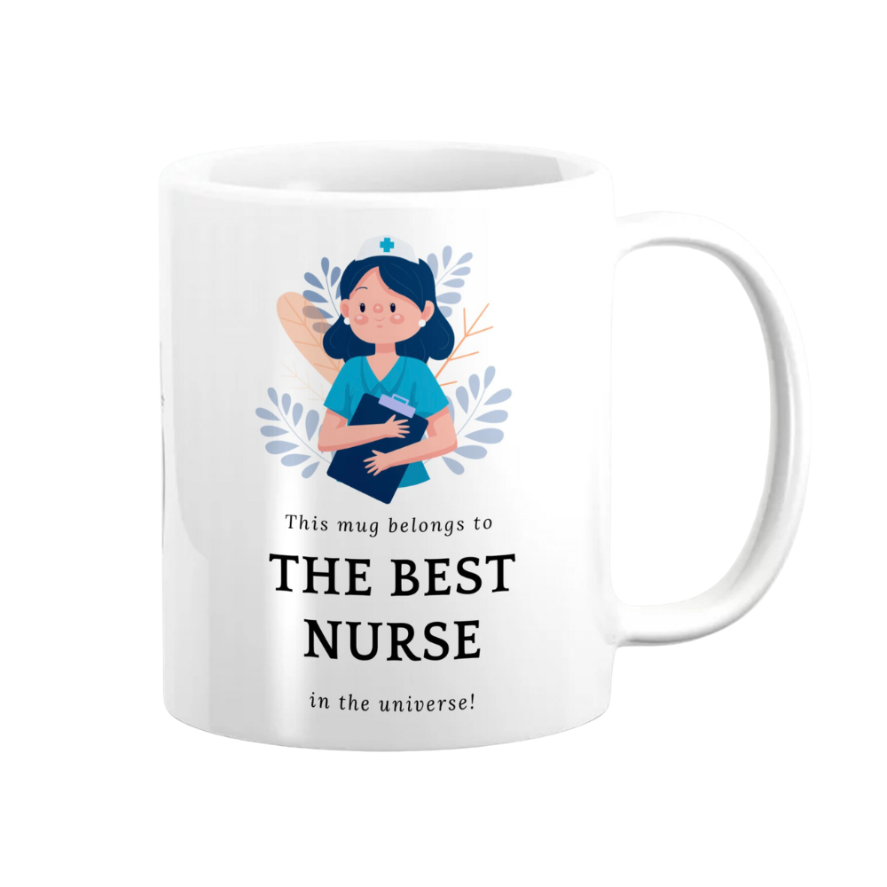 White mug with a design of a nurse and text on a white background